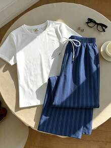 SHEIN Elladie kids 女童條紋T恤套裝，休閒可愛復古寬鬆圖案款，夏季返校戶外運動日常舒適穿搭 - 藍色 - 查看 3