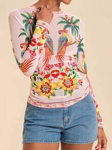 Travachic Women's Coconut Tree & Bird Print Pleated Slim Fit Long Sleeve Top For Daily Wear - Multicolor - View 5