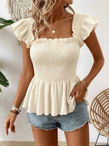 Flora Isola Flora Isola Casual Solid Color Short Flutter Sleeve Blouse With Ruffled Hemline, Perfect For Vacation Peplum Top - Apricot - View 6