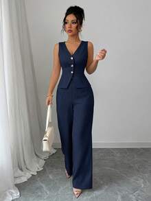 Elenzga Women's Elegant Sleeveless Blazer Vest And Pants Suit Set, Business/Commute Style, Summer - Navy Blue - View 4