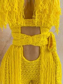 Soleia Women's Plus Size Tassel Knit Jumpsuit For Vacation - Yellow - View 7