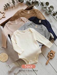 Cozy Pixies 5pcs Baby Boy Baby Girl High Elasticity Shoulder Overlap Loose Fit Brushed Fleece Skin-Friendly Solid Color All-Match Versatile Knit Soft Round Neck Long Sleeve Open Crotch Bodysuit - Multicolor - View 8