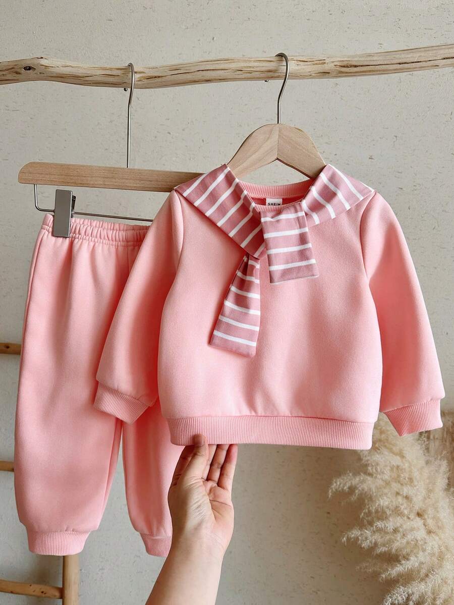 SHEIN Baby Girl Knit Solid Color Casual Sweatshirt, Long Pants And Striped Shawl 3 Pieces Set - Pink - View 1