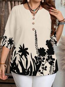 EMERY ROSE Casual Minimalist Style Black Floral Print Pattern 3/4 Sleeve Women's Blouse - Multicolor - View 4