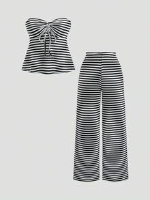 Sweetra Striped Bandeau Top & Pants Versatile Slimming Commute 2 Pieces Set - Multicolor - View 7