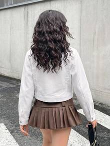 SHEIN 青少年女孩白色牛仔領口短版修身長袖夾克 - 白色 - 查看 5