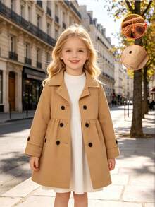 SHEIN Elladie kids 1件少女冬季大衣，卡其色，保暖內裡，風衣領，雙排扣，時尚夾克，適合日常休閒穿著 - 卡其色 - 查看 5