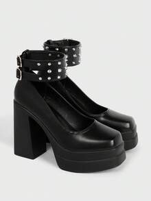 Sugerpunk Fashion Women's Platform High-Heeled Shoes, Punk Style Buckle With Rivet Inlay Design, Classic Sexy Suitable For Parties, Nightclubs, Festivals - Piano Black - View 3