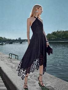 MOTF PREMIUM WOMEN'S CONTRAST LACE HALTER NECK DENIM DRESS - Dark Wash - View 5