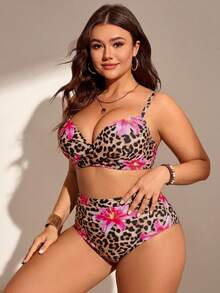 Swim Chiccia 大尺碼女款 2 件式豹紋聚攏胸部時尚極簡分體泳衣度假套裝 - 彩色 - 查看 3