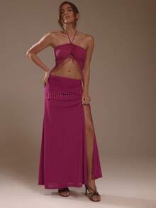 MUSERA Pink Ruched Beaded Trim Tie Neck Crop Top Summer Holiday Ibiza Festival Zarina - Purple - View 5