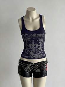SHEIN Unity 女款全印花修身百搭日常上衣 - 藏蓝色 - 查看 1