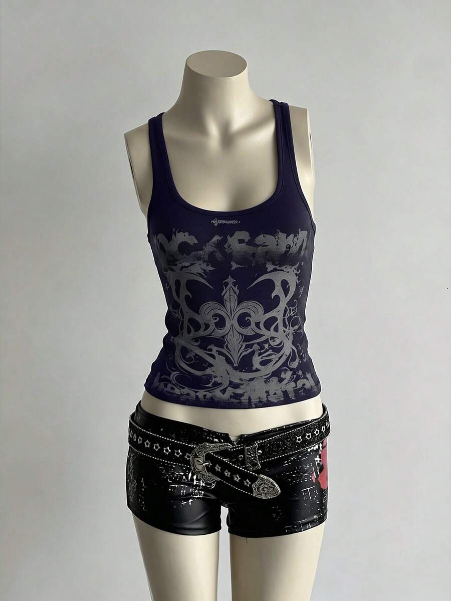 SHEIN Unity 女款全印花修身百搭日常上衣 - 藏蓝色 - 查看 1