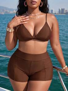 SHEIN Swim 大尺碼極簡純色口袋短褲泳裝下身 - 咖啡棕 - 查看 5