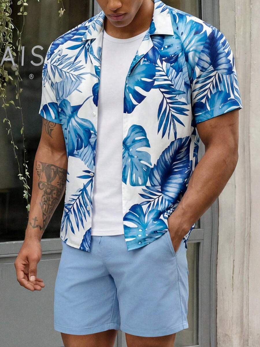 Manfinity EZcore Plus Size Men's White And Blue Floral Leaf Print Single-Breasted Short Sleeve Top And Shorts Set,Summer Boho Holiday Vacation Hawaii Tropical Beach - Multicolor - View 1