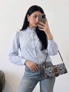 Solavon Women's French Fashion Bow Decor Long Sleeve Vacation Blouse - Blue - View 1