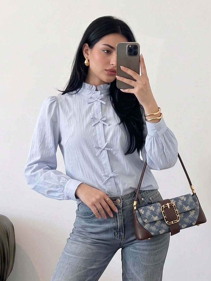 Solavon Women's French Fashion Bow Decor Long Sleeve Vacation Blouse - Blue - View 1