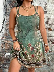 EMERY ROSE Plus Size Women's Letter & Floral Print Casual Spaghetti Strap Dress - Multicolor - View 1