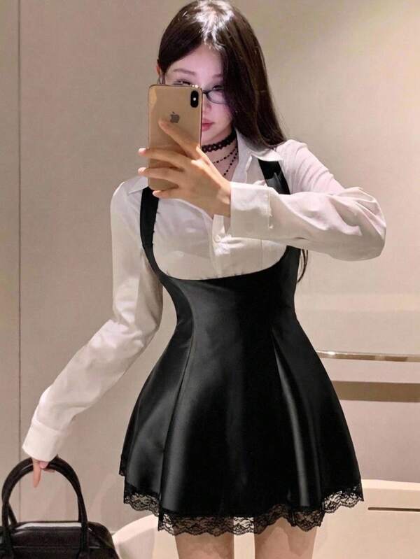 DAZY Women's Solid Color PU Leather Fashion Elegant Strap Short Dress Dinner Date Party White Black Summer