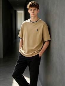 Teen Boys Khaki Short Sleeve T-Shirt + Black Long Pants, Small Horse Rider Embroidery On Chest, Low-Key & Exquisite, Simple & Casual, Suitable For Beach Vacation, Back To School - Khaki - View 3