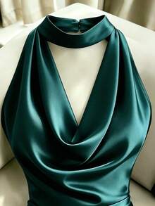 SHEIN Franclia Elegant Solid Color Cowl Neck Backless Halter Dress - Dark Green - View 4