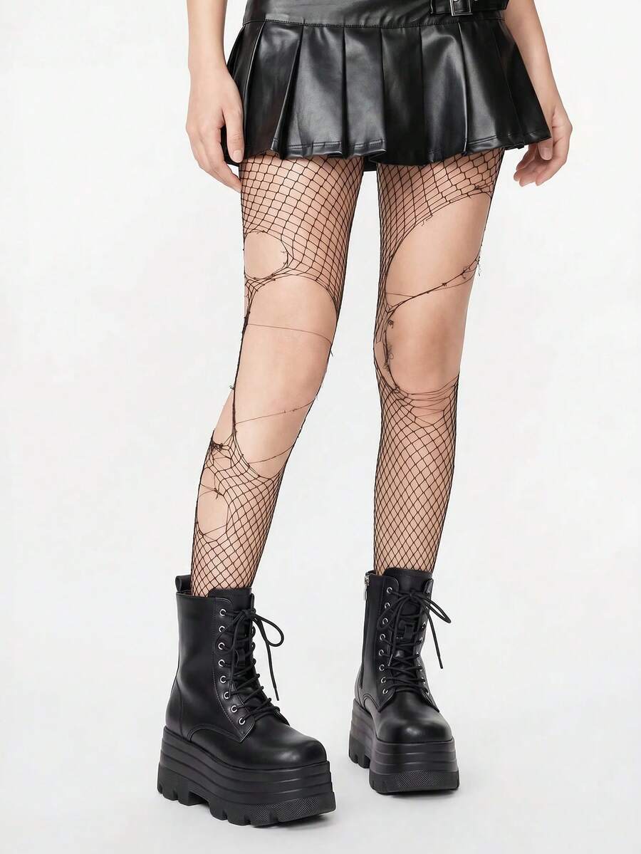 ROMWE Grunge Punk 10厘米厚底系带踝靴,女士休闲时尚,增高鞋,适合秋冬 - 黑色 - 查看 1