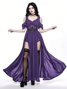 ROMWE Goth 哥特式刺绣镂空深V领露肩高开衩女式连衣裙 - 紫色 - 查看 4