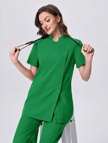 Scrubzie 抗皺立領短袖多鈕扣女款洗滌服上衣與長褲兩件套 - 綠色 - 查看 2