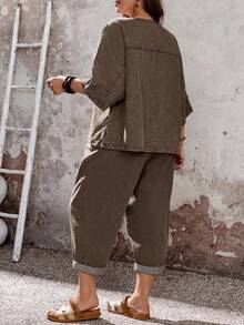 EMERY ROSE CURVE Plus Size Casual Washed Denim Top And Pants 2 Pieces Set - Brown - View 4