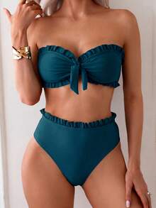 Swim Mod Women's Solid Color Vacation Beach Swimsuit Set - Blue - View 3