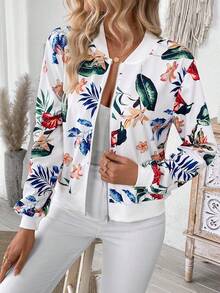 EMERY ROSE Tropical Print Zip Up Baseball Jacket For Spring And Autumn Fall Winter Cloth For Women - Multicolor - View 4