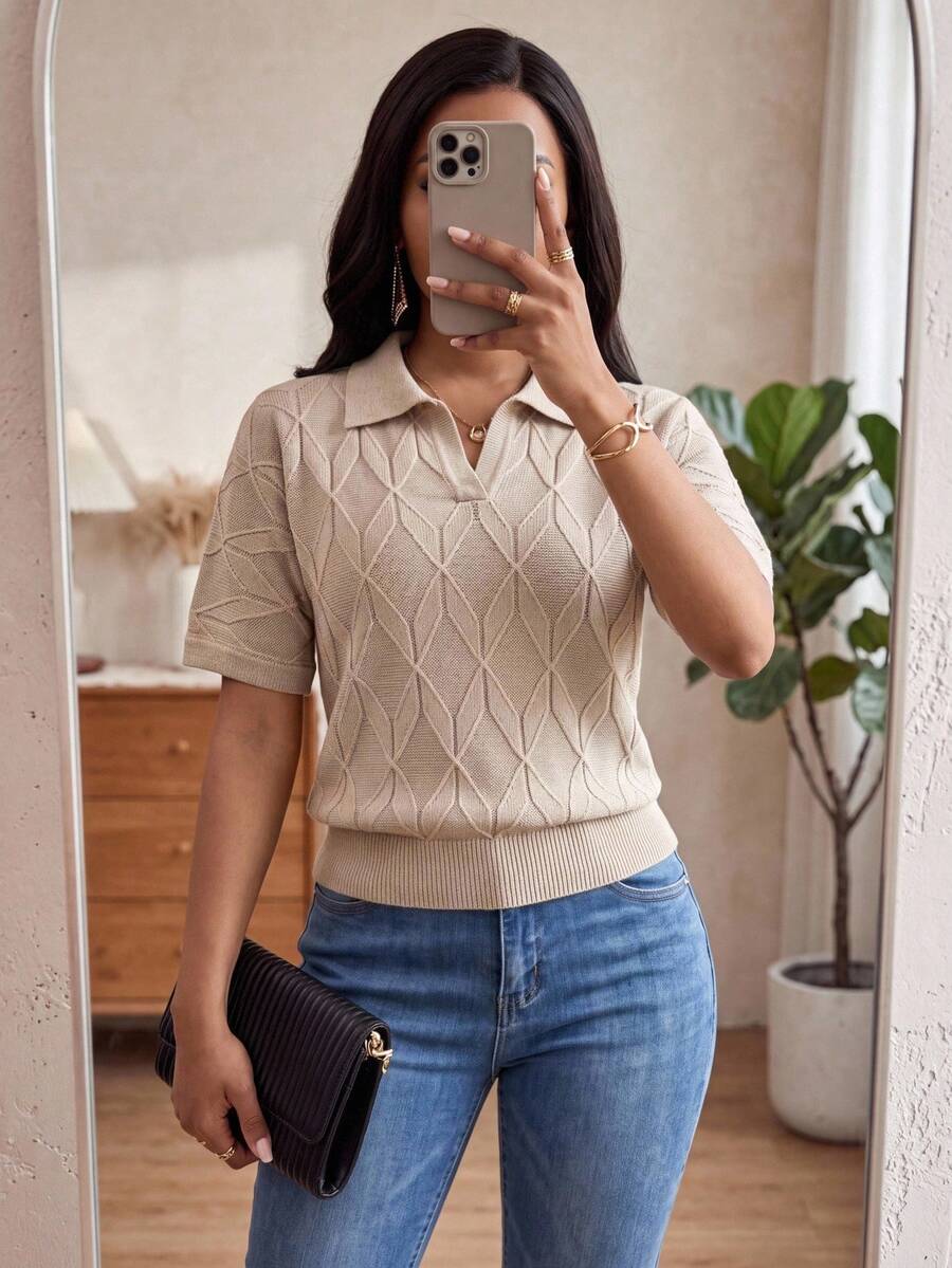 SHEIN Lady 女款素色休閒優雅百搭日常穿著針織上衣 辦公室米色夏季 - 黃色 - 查看 1