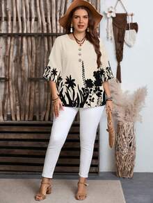 EMERY ROSE Casual Minimalist Style Black Floral Print Pattern 3/4 Sleeve Women's Blouse - Multicolor - View 3