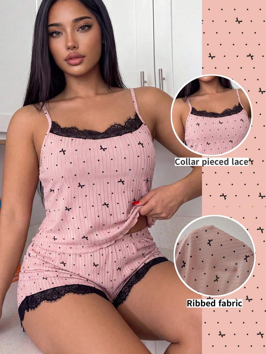 ZzzCrew Plus Size Women's Ribbed Knit & Lace Silk Camisole Pajama Set - Pink - View 1