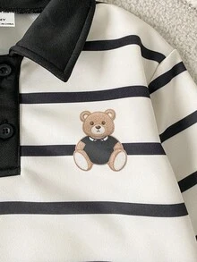 男童春秋條紋刺繡可愛熊圖案衛衣，簡約休閒風，翻領半開襟長袖套頭上衣搭配黑色長褲套裝，適合外出、居家休閒與日常運動穿著 - 彩色 - 查看 4