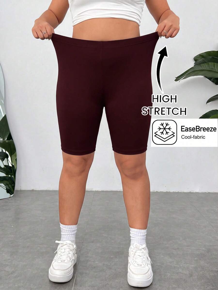 SHEIN EZwear 酒紅色涼感大尺碼女款純色高腰緊身短褲 - 酒紅色 - 查看 1
