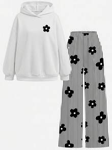 Vintage Black & White Contrast Striped Floral Print, Teen Girls Hooded Sweatshirt & Loose Straight Leg Sweatpants 2-Piece Set, Suitable For Daily Commute, Date, Party, Autumn/Winter/Spring/Summer, Beach, Graduation Ceremony, Fashion, Elegant, Casual, Outing, Appointment, Vacation, Y2K - Multicolor - View 8