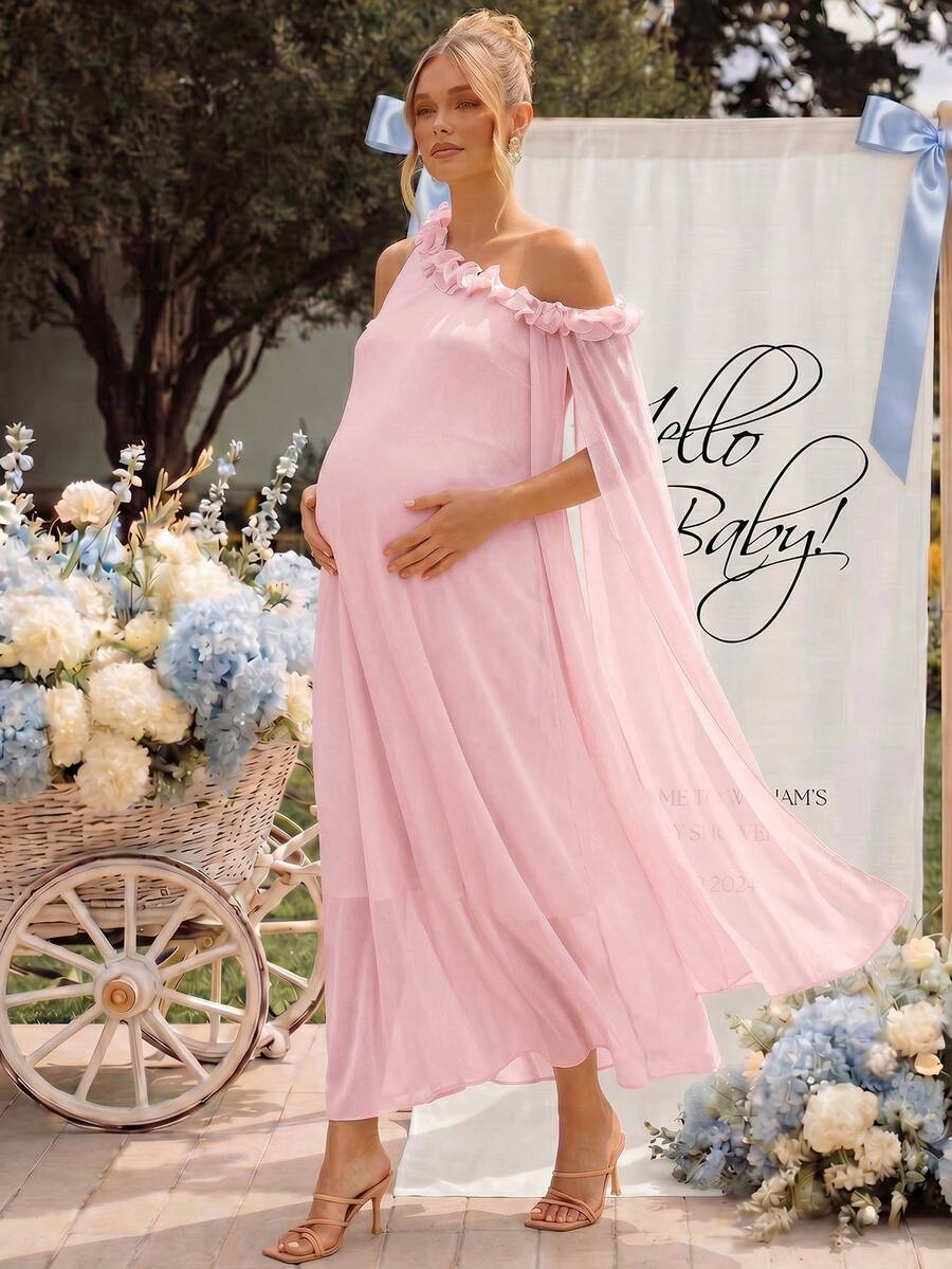 Loomaby Maternity Sweet Fashion Asymmetrical Shoulder Lace Patchwork Ribbon Dress Fall - Pink - View 1