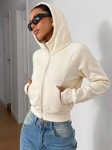 SHEIN EZwear 女款純色連帽拉鍊休閒百搭日常穿著運動衫 - 杏色 - 查看 5