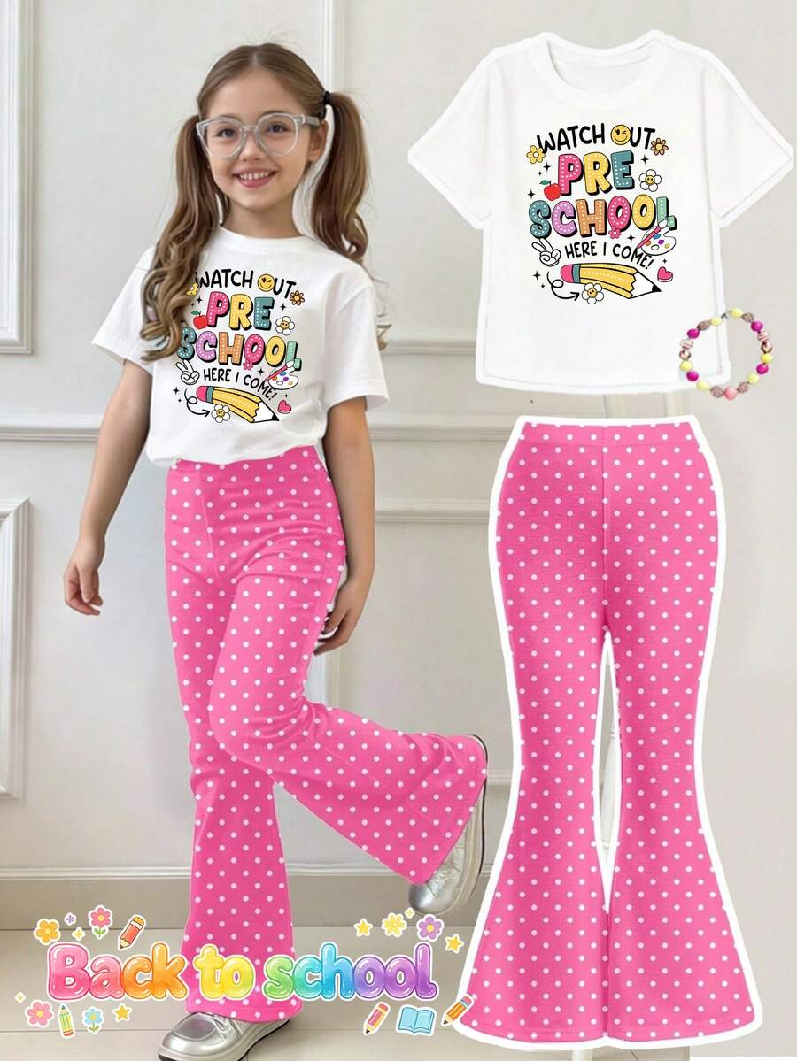 (1套) 返校季女童鉛筆、臉孔、花朵、星星、蘋果、波點、字母圖案基礎短版T恤與喇叭褲 - 彩色 - 查看 1