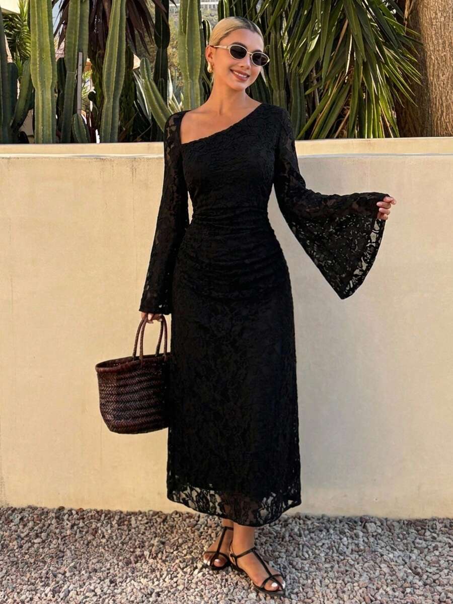 DAZY Women's Elegant Lace Asymmetric Ruched Long Dress, Spring/Summer Dress Sundress - Black - View 1