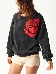 Bohemela Plus Size Women's Floral Print Drop Shoulder Long Sleeve Crew Neck Loose Sweatshirt Fall - Black - View 8