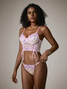 DreamPoppy 2pcs Women's Embroidered Lace Tie-Side Bow Camisole Top And Matching Triangle Panty Set. The Top Features Matching Lace Fabric With A Refined, Minimalist Design For A Fashionable Look. - Mauve Purple - View 8