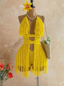 Soleia Women's Plus Size Tassel Knit Jumpsuit For Vacation - Yellow - View 1