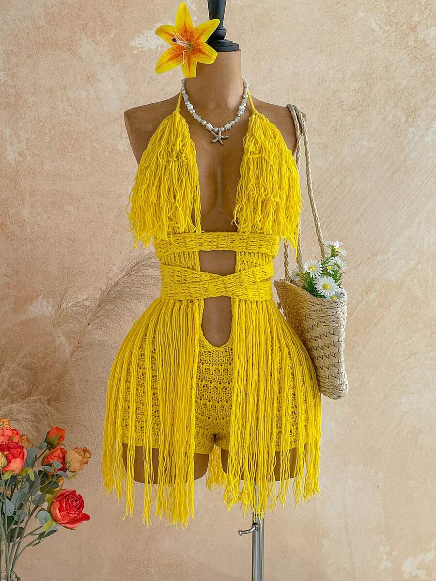 Soleia Women's Plus Size Tassel Knit Jumpsuit For Vacation - Yellow - View 1