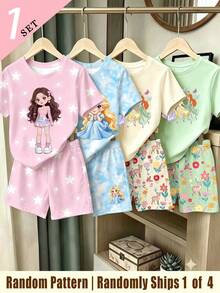 (1 Random Item From 4) Girls' Colorful Floral Long Hair Cartoon Print Basic Short T-Shirt And Shorts - Multicolor - View 1