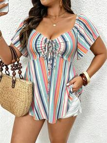 Lounesse Plus Size Vacation Ruched Tie-Front Striped T-Shirt Beach - Multicolor - View 6