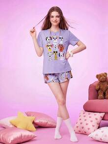 Notgurli Set Piyama Lengan Pendek Wanita Ukuran Plus Motif Hati Kopi Putih dan Merah, Cocok untuk Bersantai Sehari-hari - Purple - View 7