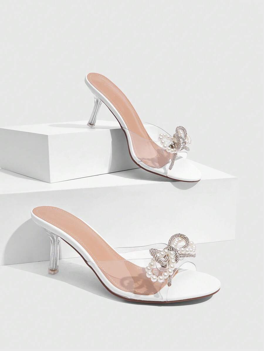 CUCCOO SZL New Square Toe Transparent TPU Heel Sandals One-Piece Pearl Bow Decoration Romantic - White - View 1
