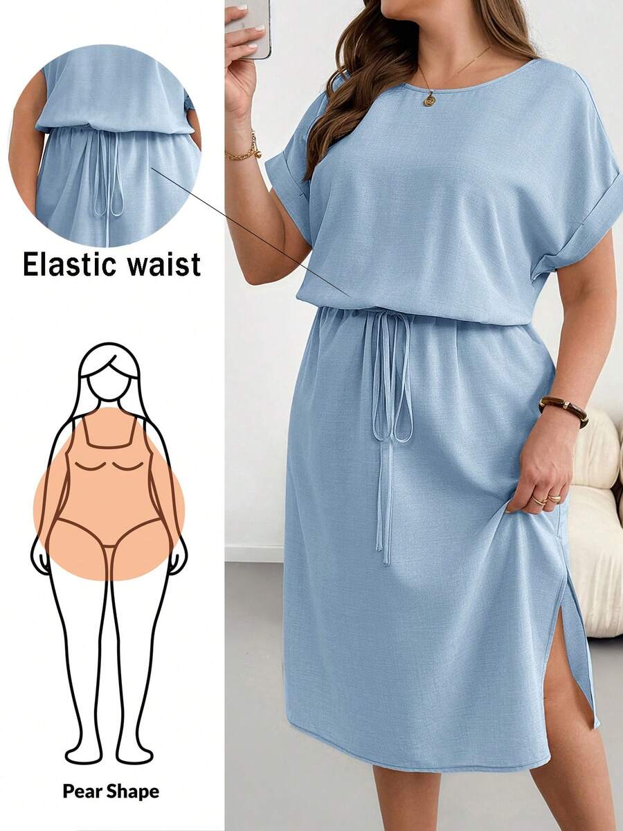 Shapeblank 大尺碼女款純色圓領短袖腰部繫帶休閒洋裝 - 淺藍色 - 查看 1